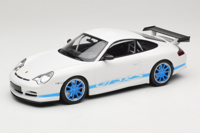 Porsche 911 996 GT3 RS Weiß Blaue Streifen Minichamps 1:18 155062021 Druckguss